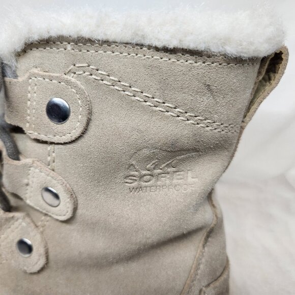 Sorel Womens 6.5 Mid Calf Suede Lace Boots Faux Fur Beige Explorer Joan Boot - Picture 2 of 11